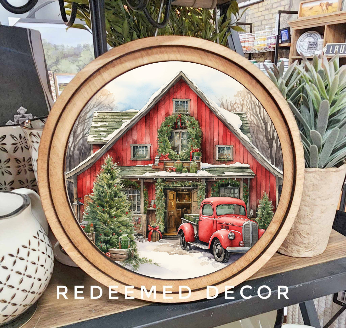 8" Round Red Christmas Barn Art