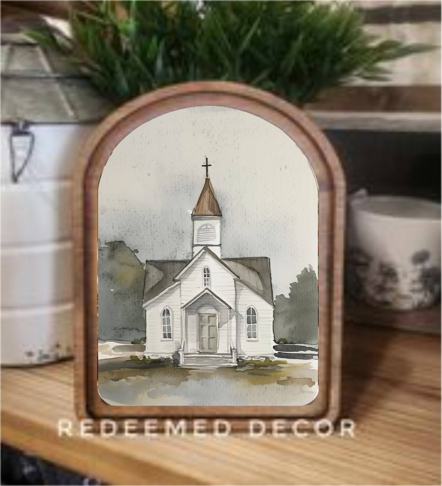 Arch Top Watercolor Church Framed Art