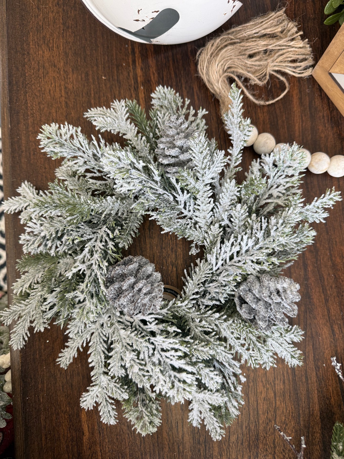 Snowy Pine w/pinecone candle ring