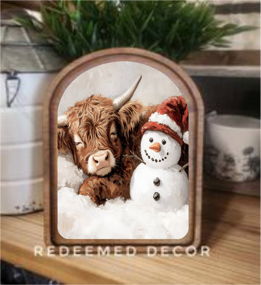 Arch Top Highland Snowman Framed Art