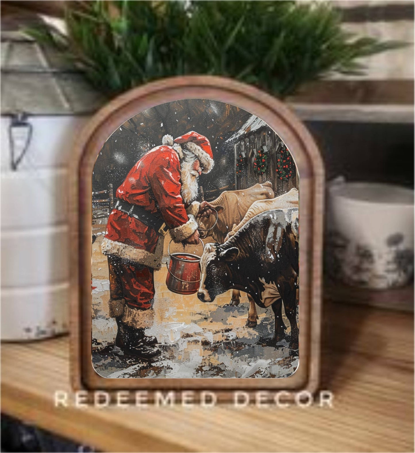 Arch Top Santa With Cows Framed Art