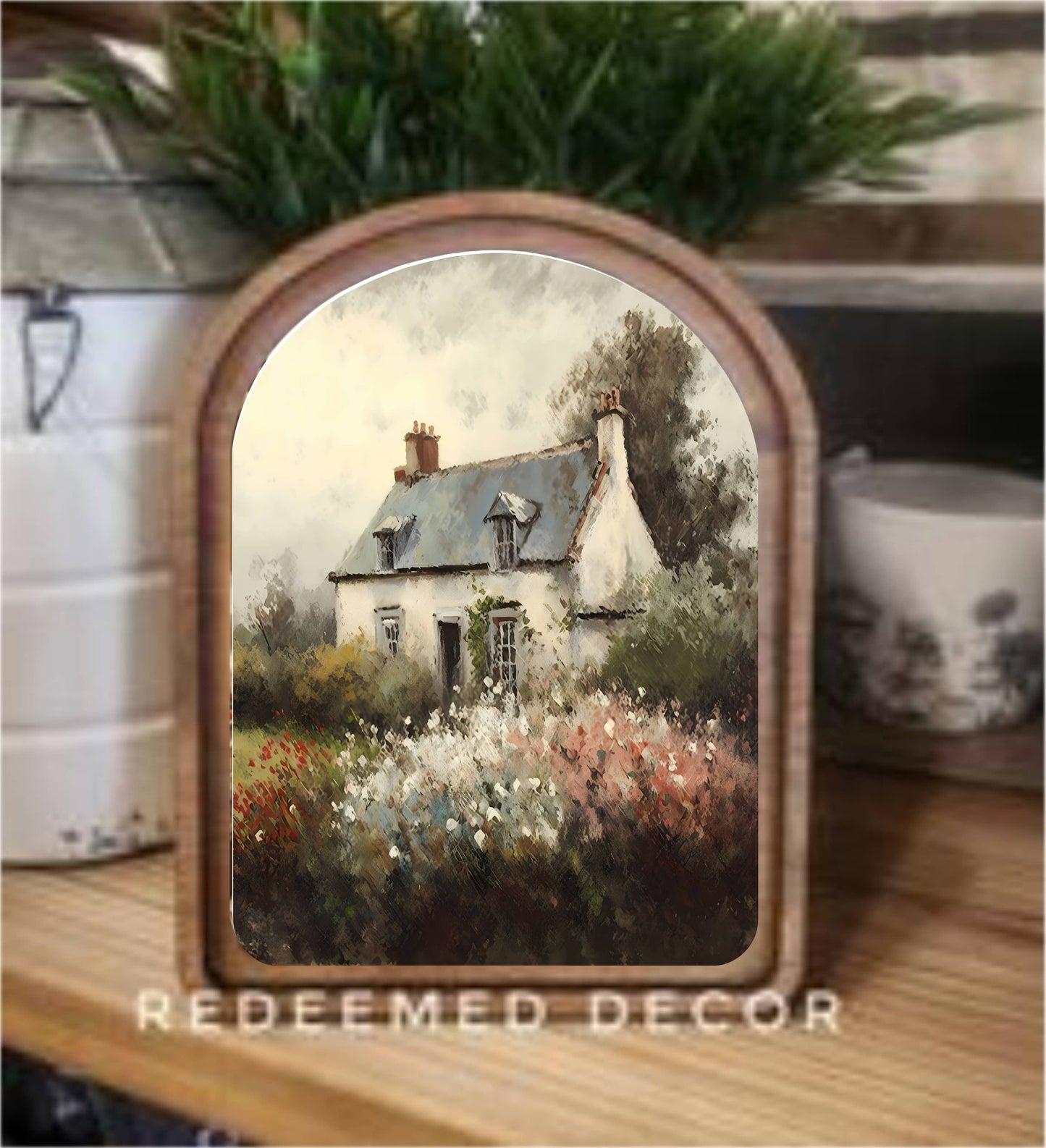 Arch Top Spring Cottage Painting Framed Art
