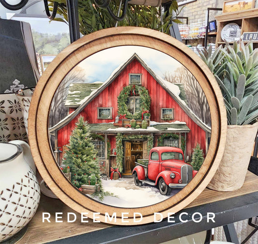 8" Round Red Christmas Barn Art