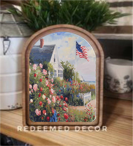 Arch Top Patriotic Beach House Framed Art
